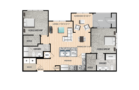 Floor plan for 2 beds, 2 baths, 1202 sqft